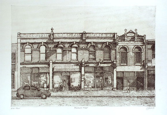 Artist: b'Dickson, Clive.' | Title: b'Brunswick street' | Date: 2001, 6 May | Technique: b'etching and aquatint, printed in black ink, from one plate' Artist: b'Dickson, Clive.' | Title: b'Brunswick street' | Date: 2001, 6 May | Technique: b'etching and aquatint, printed in black ink, from one plate'