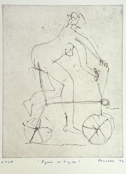 Artist: b'Fransella, Graham.' | Title: b'Figure on a bicycle' | Date: 1992 | Technique: b'softground etching, printed in black ink, from one plate' | Copyright: b'Courtesy of the artist' Artist: b'Fransella, Graham.' | Title: b'Figure on a bicycle' | Date: 1992 | Technique: b'softground etching, printed in black ink, from one plate' | Copyright: b'Courtesy of the artist'