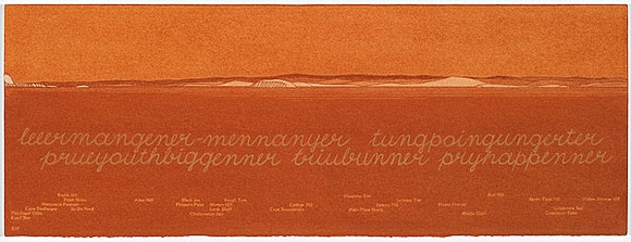 Artist: b'MADDOCK, Bea' | Title: b'Terra Spiritus...with a darker shade of pale' | Date: 1993-98 | Technique: b'stencil print, printed in hand-ground Launceston ochre from multiple hand-cut mylar stencils; letterpress text blind printed; hand-drawn script' Artist: b'MADDOCK, Bea' | Title: b'Terra Spiritus...with a darker shade of pale' | Date: 1993-98 | Technique: b'stencil print, printed in hand-ground Launceston ochre from multiple hand-cut mylar stencils; letterpress text blind printed; hand-drawn script'