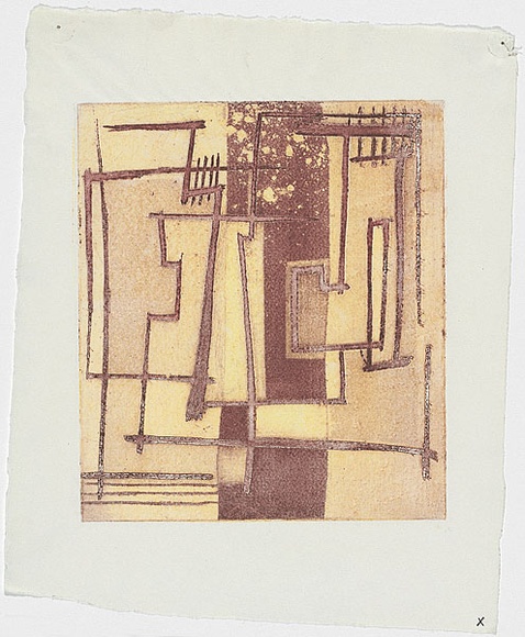 Artist: b'MADDOCK, Bea' | Title: b'Calligraphy' | Date: 1959 | Technique: b'etching, aquatint, deep etch and colour relief, from one copper plate' Artist: b'MADDOCK, Bea' | Title: b'Calligraphy' | Date: 1959 | Technique: b'etching, aquatint, deep etch and colour relief, from one copper plate'