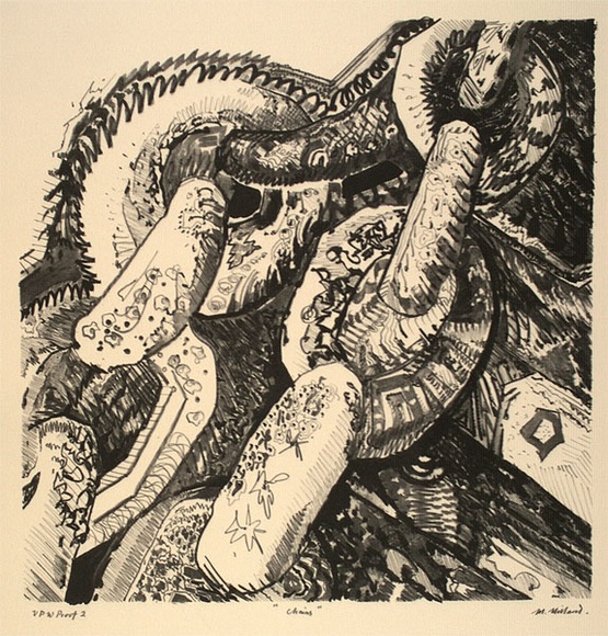 Artist: b'Hillard, Merris.' | Title: b'Chains' | Date: c.1986 | Technique: b'crayon lithograph, printed in black ink, from one plate' Artist: b'Hillard, Merris.' | Title: b'Chains' | Date: c.1986 | Technique: b'crayon lithograph, printed in black ink, from one plate'