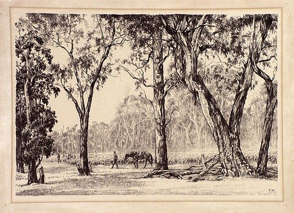 Artist: b'Warner, Alfred Edward.' | Title: b'Droving scene' | Technique: b'lithograph, printed in black ink, from one stone' Artist: b'Warner, Alfred Edward.' | Title: b'Droving scene' | Technique: b'lithograph, printed in black ink, from one stone'