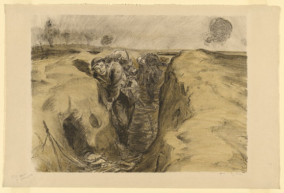 Artist: b'Dyson, Will.' | Title: b'Reinforcements, between Igaree Corner and Lagnicourt.' | Date: 1918 | Technique: b'lithograph, printed in colour, from two stones (black and tan)' Artist: b'Dyson, Will.' | Title: b'Reinforcements, between Igaree Corner and Lagnicourt.' | Date: 1918 | Technique: b'lithograph, printed in colour, from two stones (black and tan)'