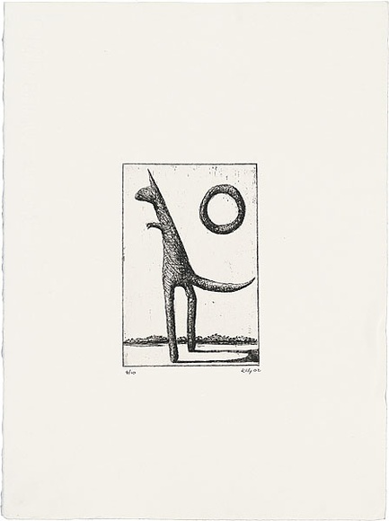 Artist: b'Kelly, John.' | Title: b'Logo in the landscape' | Date: 2002 | Technique: b'etching, printed in black ink, from one plate' | Copyright: b'\xc2\xa9 John Kelly. Licensed by VISCOPY, Australia.' Artist: b'Kelly, John.' | Title: b'Logo in the landscape' | Date: 2002 | Technique: b'etching, printed in black ink, from one plate' | Copyright: b'\xc2\xa9 John Kelly. Licensed by VISCOPY, Australia.'