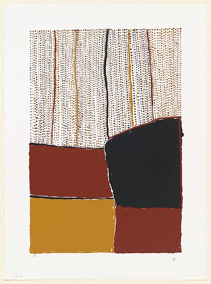 Artist: b'Kantilla, Kitty. (Kutuwalumi Purawarrumpatu).' | Title: bJilamarra - 4 blocks of solid 'spot' with lines radiating to the top infill of dots between the lines | Date: 1997, November | Technique: b'etching, printed in colour, from multiple zinc plates' Artist: b'Kantilla, Kitty. (Kutuwalumi Purawarrumpatu).' | Title: bJilamarra - 4 blocks of solid 'spot' with lines radiating to the top infill of dots between the lines | Date: 1997, November | Technique: b'etching, printed in colour, from multiple zinc plates'