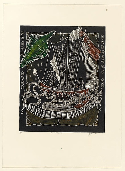 Artist: b'TIPOTI, Alick' | Title: b'Inurau Thonarnu' | Date: 1994 | Technique: b'linocut, printed in black ink, from one block; selectively coloured with coloured inks applied by sponge' Artist: b'TIPOTI, Alick' | Title: b'Inurau Thonarnu' | Date: 1994 | Technique: b'linocut, printed in black ink, from one block; selectively coloured with coloured inks applied by sponge'