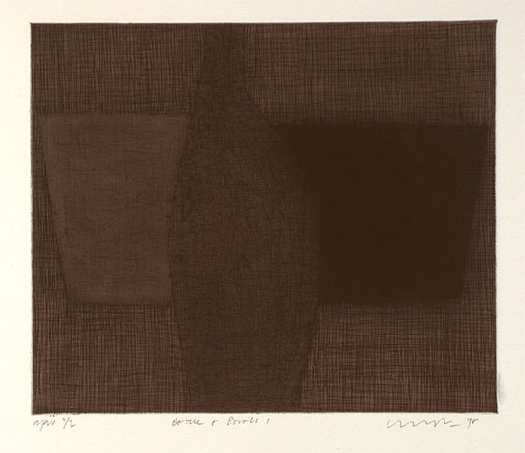 Artist: b'Lincoln, Kevin.' | Title: b'Bottle and bowls 1' | Date: 1998 | Technique: b'etching, intaglio and relief printed in colour, from one plate' Artist: b'Lincoln, Kevin.' | Title: b'Bottle and bowls 1' | Date: 1998 | Technique: b'etching, intaglio and relief printed in colour, from one plate'