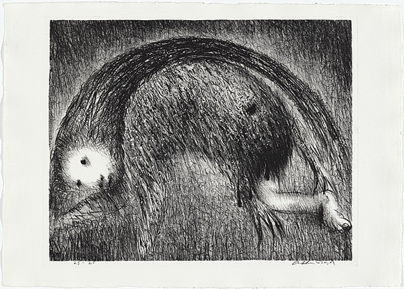 Artist: b'BOYD, Arthur' | Title: b'The Wolf of Gubbio with St Francis in a bent tree.' | Date: (1965) | Technique: b'lithograph, printed in black ink, from one plate' | Copyright: b'Reproduced with permission of Bundanon Trust' Artist: b'BOYD, Arthur' | Title: b'The Wolf of Gubbio with St Francis in a bent tree.' | Date: (1965) | Technique: b'lithograph, printed in black ink, from one plate' | Copyright: b'Reproduced with permission of Bundanon Trust'