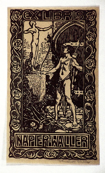 Artist: b'Waller, Christian.' | Title: b'Bookplate: Napier Waller' | Date: c.1926 | Technique: b'linocut, printed in black ink, from one block' Artist: b'Waller, Christian.' | Title: b'Bookplate: Napier Waller' | Date: c.1926 | Technique: b'linocut, printed in black ink, from one block'