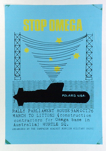 Artist: b'Martin, Mandy.' | Title: b'Stop Omega' | Date: (1975) | Technique: b'screenprint, printed in colour, from multiple stencils' | Copyright: b'\xc2\xa9 Mandy Martin. Licensed by VISCOPY, Australia' Artist: b'Martin, Mandy.' | Title: b'Stop Omega' | Date: (1975) | Technique: b'screenprint, printed in colour, from multiple stencils' | Copyright: b'\xc2\xa9 Mandy Martin. Licensed by VISCOPY, Australia'