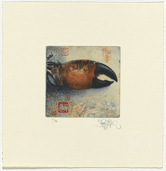 Artist: b'SCHMEISSER, Jorg' | Title: b'Crab claw and red seals' | Date: 1988 | Technique: b'etching and aquatint, printed in colour, from two plates' | Copyright: b'\xc2\xa9 J\xc3\xb6rg Schmeisser' Artist: b'SCHMEISSER, Jorg' | Title: b'Crab claw and red seals' | Date: 1988 | Technique: b'etching and aquatint, printed in colour, from two plates' | Copyright: b'\xc2\xa9 J\xc3\xb6rg Schmeisser'