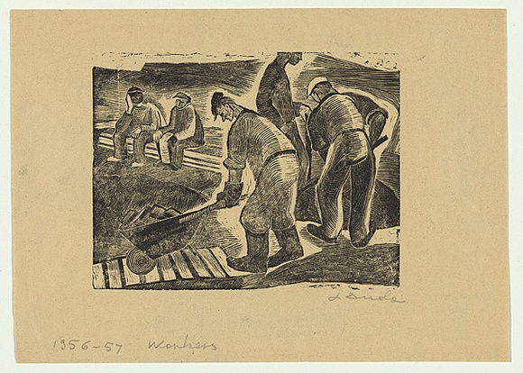 Artist: b'Groblicka, Lidia.' | Title: b'Workers' | Date: 1956-57 | Technique: b'woodcut, printed in black ink, from one block' Artist: b'Groblicka, Lidia.' | Title: b'Workers' | Date: 1956-57 | Technique: b'woodcut, printed in black ink, from one block'