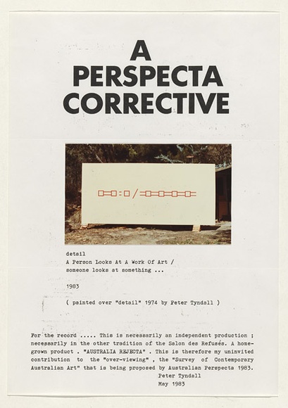 Artist: b'TYNDALL, Peter' | Title: b'A perspecta corrective' | Date: 1983 | Technique: b'type C photograph; offset-lithograph, printed in black ink' Artist: b'TYNDALL, Peter' | Title: b'A perspecta corrective' | Date: 1983 | Technique: b'type C photograph; offset-lithograph, printed in black ink'