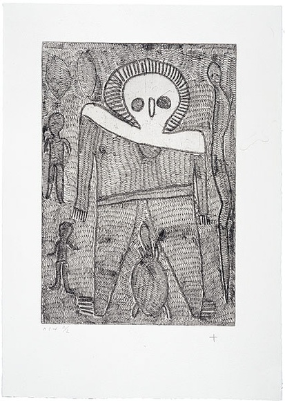 Artist: b'Karadada, Lilly.' | Title: b'not titled #3' | Date: 2000, October | Technique: b'etching, printed in black ink, from one plate' | Copyright: b'\xc2\xa9 Lily Karadada, Licensed by VISCOPY, Australia' Artist: b'Karadada, Lilly.' | Title: b'not titled #3' | Date: 2000, October | Technique: b'etching, printed in black ink, from one plate' | Copyright: b'\xc2\xa9 Lily Karadada, Licensed by VISCOPY, Australia'