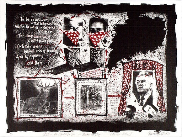 Artist: b'Lightfoot, Pippa.' | Title: b'Blot on the landscape III. Hawke at bay... (Power play)' | Date: 1991 | Technique: b'lithograph, printed in colour, from two stones (red and black)' | Copyright: b'\xc2\xa9 Pippa Lightfoot, artist' Artist: b'Lightfoot, Pippa.' | Title: b'Blot on the landscape III. Hawke at bay... (Power play)' | Date: 1991 | Technique: b'lithograph, printed in colour, from two stones (red and black)' | Copyright: b'\xc2\xa9 Pippa Lightfoot, artist'