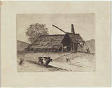 Artist: Hopkins, Livingston. | Title: Cows with cat in front of old barn shed | Date: 1891 | Technique: etching, printed in black ink, from one plate