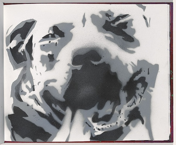Title: b'Derailed' | Date: 2003 | Technique: b'stencil, printed in black and grey aerosol paint, from two stencils'