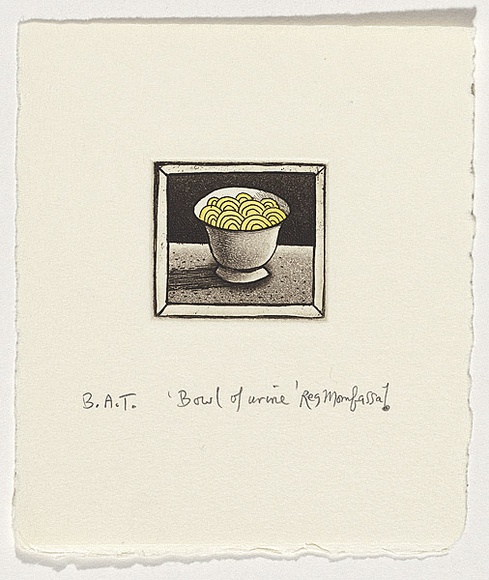 Artist: b'Mombassa, Reg.' | Title: b'Bowl of urine' | Date: 2002 | Technique: b'etching and aquatint, printed in black ink, from one plate; additional hand-colouring' Artist: b'Mombassa, Reg.' | Title: b'Bowl of urine' | Date: 2002 | Technique: b'etching and aquatint, printed in black ink, from one plate; additional hand-colouring'
