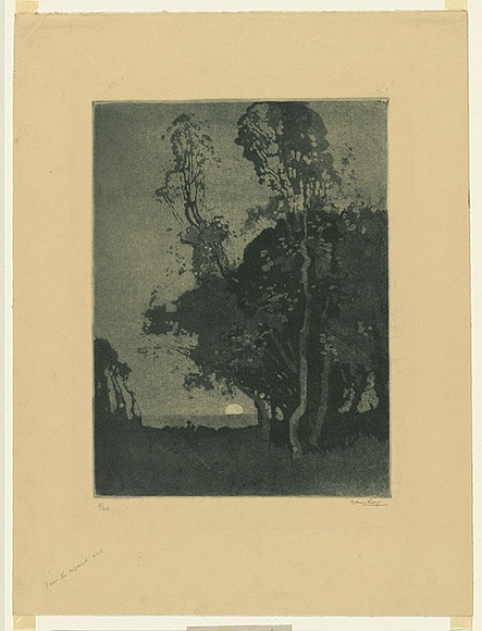 Artist: b'Long, Sydney.' | Title: b'Moonrise pastoral' | Date: 1918 | Technique: b'aquatint, printed in blue ink, from one copper plate' | Copyright: b'Reproduced with the kind permission of the Ophthalmic Research Institute of Australia' Artist: b'Long, Sydney.' | Title: b'Moonrise pastoral' | Date: 1918 | Technique: b'aquatint, printed in blue ink, from one copper plate' | Copyright: b'Reproduced with the kind permission of the Ophthalmic Research Institute of Australia'