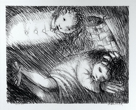 Artist: b'BOYD, Arthur' | Title: b'St Francis when young dreaming of fine clothes and armour.' | Date: (1965) | Technique: b'lithograph, printed in black ink, from one plate' | Copyright: b'Reproduced with permission of Bundanon Trust' Artist: b'BOYD, Arthur' | Title: b'St Francis when young dreaming of fine clothes and armour.' | Date: (1965) | Technique: b'lithograph, printed in black ink, from one plate' | Copyright: b'Reproduced with permission of Bundanon Trust'