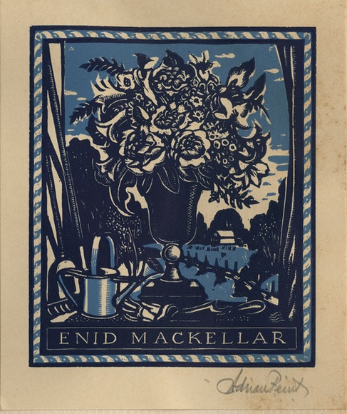 Artist: b'FEINT, Adrian' | Title: b'Bookplate: Enid Mackellar.' | Date: (1942) | Technique: b'wood-engraving, printed in colour, from two blocks in light and dark blue inks' | Copyright: b'Courtesy the Estate of Adrian Feint' Artist: b'FEINT, Adrian' | Title: b'Bookplate: Enid Mackellar.' | Date: (1942) | Technique: b'wood-engraving, printed in colour, from two blocks in light and dark blue inks' | Copyright: b'Courtesy the Estate of Adrian Feint'