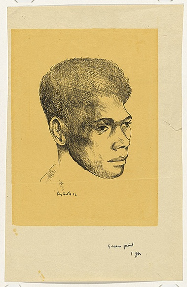 Artist: b'Crooke, Ray.' | Title: b'(Portrait of a native boy).' | Date: 1952 | Technique: b'screenprint, printed in colour, from two stencils' Artist: b'Crooke, Ray.' | Title: b'(Portrait of a native boy).' | Date: 1952 | Technique: b'screenprint, printed in colour, from two stencils'