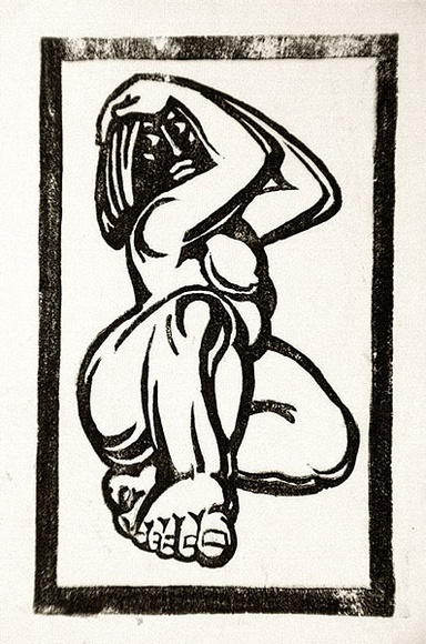 Artist: b'Stephen, Clive.' | Title: b'(Woman with hands on head)' | Date: c.1950 | Technique: b'linocut, printed in black ink, from one block' Artist: b'Stephen, Clive.' | Title: b'(Woman with hands on head)' | Date: c.1950 | Technique: b'linocut, printed in black ink, from one block'