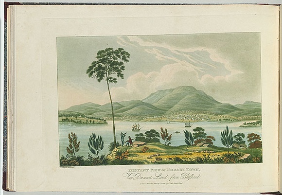 Artist: b'Lycett, Joseph.' | Title: bDistant view of Hobart Town, Van Diemen's Land, from Blufhead. | Date: 1825 | Technique: b'etching, aquatint and roulette, printed in black ink, from one copper plate; hand-coloured'