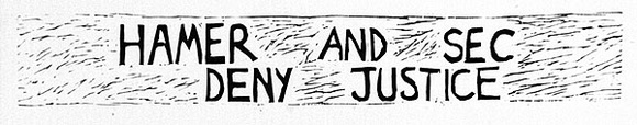 Artist: b'Wonderful Art Nuances Club (WANC).' | Title: bHamer and SEC deny justice. (Poster supporting SEC maintenance workers' strike, La Trobe Valley, Victoria, 1977). | Date: (1977) | Technique: b'linocut, printed in black ink, from one block' Artist: b'Wonderful Art Nuances Club (WANC).' | Title: bHamer and SEC deny justice. (Poster supporting SEC maintenance workers' strike, La Trobe Valley, Victoria, 1977). | Date: (1977) | Technique: b'linocut, printed in black ink, from one block'