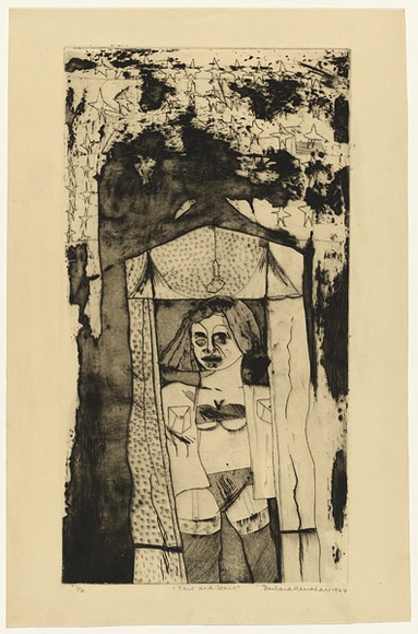 Artist: b'HANRAHAN, Barbara' | Title: b'Tart and stars' | Date: 1964 | Technique: b'etching, drypoint, printed in black, with plate-tone, from one copper/plate' Artist: b'HANRAHAN, Barbara' | Title: b'Tart and stars' | Date: 1964 | Technique: b'etching, drypoint, printed in black, with plate-tone, from one copper/plate'