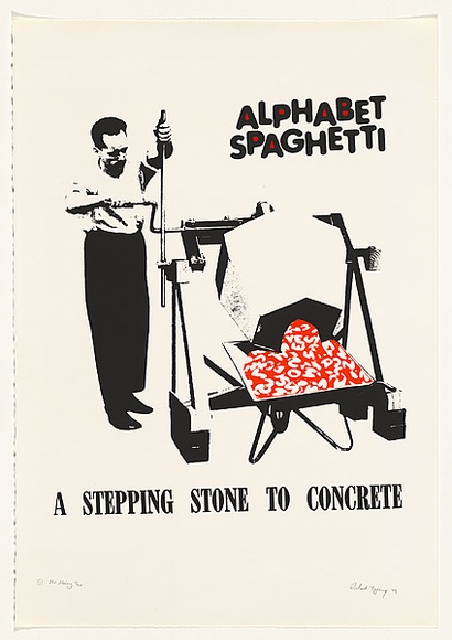 Artist: b'TIPPING, Richard' | Title: b'Alphabet spaghetti: A stepping stone to concrete' | Date: 1979 | Technique: b'screenprint, printed in colour, from two stencils' Artist: b'TIPPING, Richard' | Title: b'Alphabet spaghetti: A stepping stone to concrete' | Date: 1979 | Technique: b'screenprint, printed in colour, from two stencils'