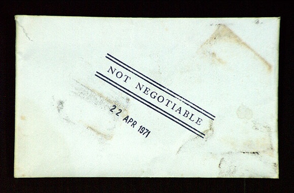 Artist: b'Hutchison, Noel' | Title: b'Not negotiable.' | Date: 1971 | Technique: b'typescript, printed in red and black ink; hand-stamped rubber stamps; photograph' Artist: b'Hutchison, Noel' | Title: b'Not negotiable.' | Date: 1971 | Technique: b'typescript, printed in red and black ink; hand-stamped rubber stamps; photograph'