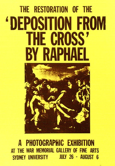 Artist: b'MUSEUM CURATORS CLASS' | Title: bThe restoration of the 'Deposition from the Cross' by Raphael. A photographic exhibition. | Date: 1976 | Technique: b'screenprint, printed in purple ink, from one stencil' Artist: b'MUSEUM CURATORS CLASS' | Title: bThe restoration of the 'Deposition from the Cross' by Raphael. A photographic exhibition. | Date: 1976 | Technique: b'screenprint, printed in purple ink, from one stencil'