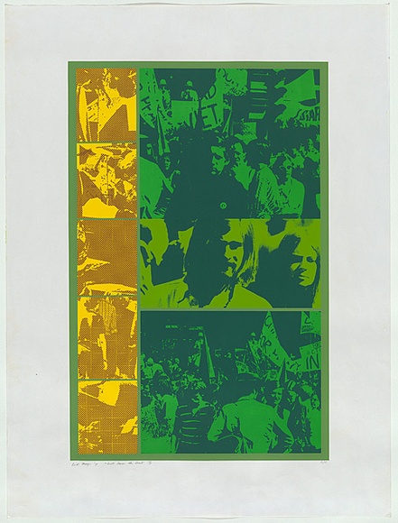Artist: b'MEYER, Bill' | Title: b'Stroll down the street (Green and gold)' | Date: 1971 | Technique: b'screenprint, printed in six colours, from multiple stencils' | Copyright: b'\xc2\xa9 Bill Meyer' Artist: b'MEYER, Bill' | Title: b'Stroll down the street (Green and gold)' | Date: 1971 | Technique: b'screenprint, printed in six colours, from multiple stencils' | Copyright: b'\xc2\xa9 Bill Meyer'