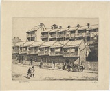Artist: LINDSAY, Lionel | Title: Rabbit hutches, Lower George Street, Sydney | Date: 1931 | Technique: etching, printed in black ink, from one plate | Copyright: Courtesy of the National Library of Australia