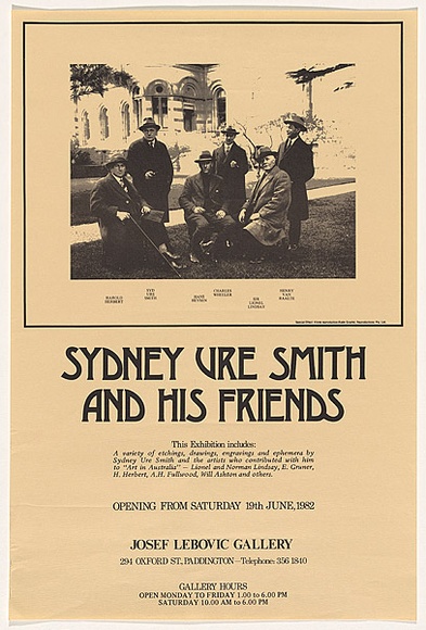 Title: b'Sydney Ure Smith and his friends: Opening from Saturday 19th June, 1982: Josef Lebovic Gallery.' | Date: 1982 | Technique: b'screenprint, printed in black ink'