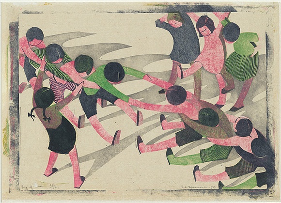 Artist: b'Spowers, Ethel.' | Title: b'Tug of war' | Date: 1933 | Technique: b'linocut, printed in colour, from four blocks (pink, emerald green, grey and dark blue)' Artist: b'Spowers, Ethel.' | Title: b'Tug of war' | Date: 1933 | Technique: b'linocut, printed in colour, from four blocks (pink, emerald green, grey and dark blue)'