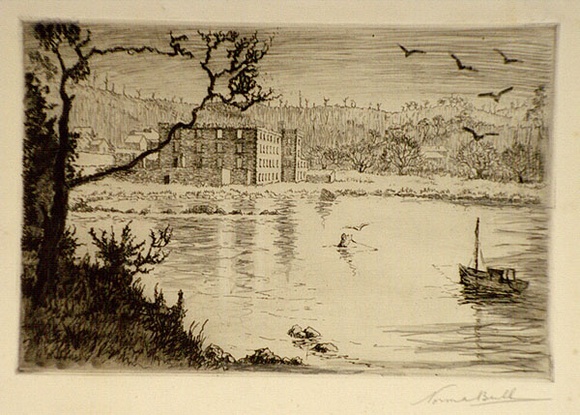 Artist: b'Bull, Norma C.' | Title: b'View of Port Arthur.' | Date: 1937-38 | Technique: b'etching, printed in black ink, from one plate; pencil and brush and ink additions' Artist: b'Bull, Norma C.' | Title: b'View of Port Arthur.' | Date: 1937-38 | Technique: b'etching, printed in black ink, from one plate; pencil and brush and ink additions'