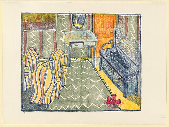 Artist: b'Eager, Helen.' | Title: b'(Lounge room with three easy chairs).' | Date: 1976 | Technique: b'lithograph, printed in colour, from multiple plates; with cut section folded to reveal second lithograph also printed in colour' Artist: b'Eager, Helen.' | Title: b'(Lounge room with three easy chairs).' | Date: 1976 | Technique: b'lithograph, printed in colour, from multiple plates; with cut section folded to reveal second lithograph also printed in colour'