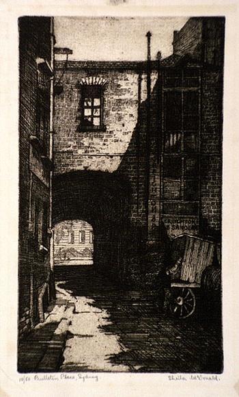 Artist: b'McDonald, Sheila.' | Title: b'Bulletin Place, Sydney' | Date: c.1928 | Technique: b'etching, aquatint printed in brown' Artist: b'McDonald, Sheila.' | Title: b'Bulletin Place, Sydney' | Date: c.1928 | Technique: b'etching, aquatint printed in brown'
