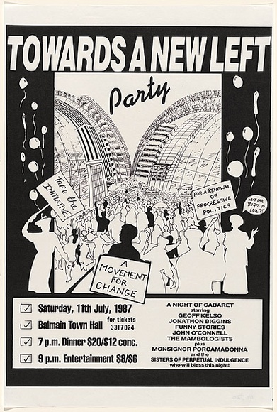 Artist: b'Zahalka, Anne.' | Title: b'Towards A New Left - Party' | Date: 1987 | Technique: b'screenprint, printed in black ink, from one stencil' | Copyright: b'\xc2\xa9 Anne Zahalka. Licensed by VISCOPY, Australia' Artist: b'Zahalka, Anne.' | Title: b'Towards A New Left - Party' | Date: 1987 | Technique: b'screenprint, printed in black ink, from one stencil' | Copyright: b'\xc2\xa9 Anne Zahalka. Licensed by VISCOPY, Australia'