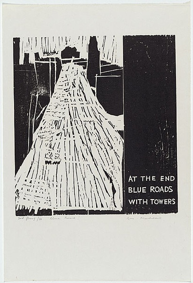 Artist: b'MADDOCK, Bea' | Title: b'Blue road with a tower' | Date: 1964 | Technique: b'woodcut, printed in black ink, from two pine blocks' Artist: b'MADDOCK, Bea' | Title: b'Blue road with a tower' | Date: 1964 | Technique: b'woodcut, printed in black ink, from two pine blocks'