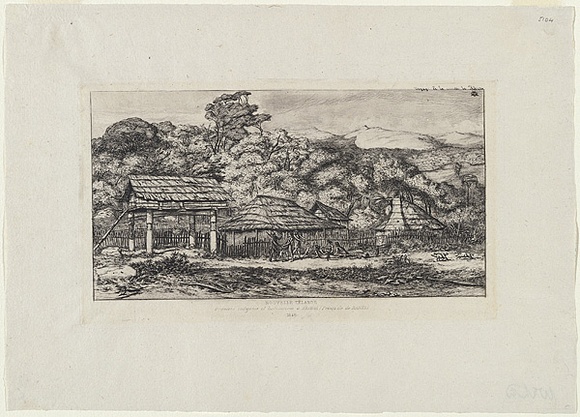 Artist: b'Meryon, Charles.' | Title: bGreniers indig\xc3\xa8nes et habitations \xc3\xa0 Akaroa, Presqu'\xc3\xaele de Banks 1845 (Native storehouses and dwellings at Akaroa (Banks Peninsula) 1845) | Date: 1860 | Technique: b'etching, printed in black ink, from one plate' Artist: b'Meryon, Charles.' | Title: bGreniers indig\xc3\xa8nes et habitations \xc3\xa0 Akaroa, Presqu'\xc3\xaele de Banks 1845 (Native storehouses and dwellings at Akaroa (Banks Peninsula) 1845) | Date: 1860 | Technique: b'etching, printed in black ink, from one plate'