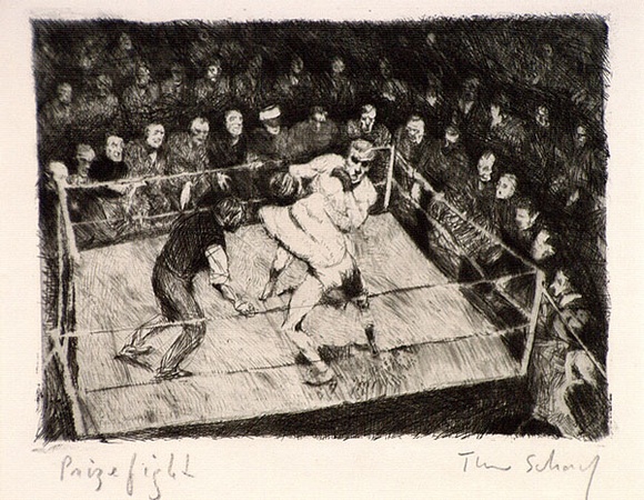 Artist: b'Scharf, Theo.' | Title: b'Prize fight' | Date: c.1922 | Technique: b'etching and drypoint, printed in black ink, from one plate' | Copyright: b'\xc2\xa9 The Estate of Theo Scharf.' Artist: b'Scharf, Theo.' | Title: b'Prize fight' | Date: c.1922 | Technique: b'etching and drypoint, printed in black ink, from one plate' | Copyright: b'\xc2\xa9 The Estate of Theo Scharf.'