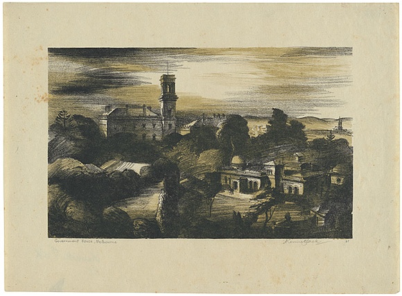Artist: b'Jack, Kenneth.' | Title: b'Government House, Melbourne' | Date: 1952 | Technique: b'lithograph, printed in colour, from two zinc plates' | Copyright: b'\xc2\xa9 Kenneth Jack. Licensed by VISCOPY, Australia' Artist: b'Jack, Kenneth.' | Title: b'Government House, Melbourne' | Date: 1952 | Technique: b'lithograph, printed in colour, from two zinc plates' | Copyright: b'\xc2\xa9 Kenneth Jack. Licensed by VISCOPY, Australia'