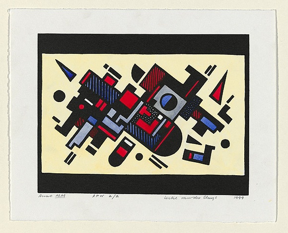 Artist: b'van der Sluys, Leslie.' | Title: b'Anno mm' | Date: 1999, November | Technique: b'linocut, printed in black ink, from one block; hand-coloured' Artist: b'van der Sluys, Leslie.' | Title: b'Anno mm' | Date: 1999, November | Technique: b'linocut, printed in black ink, from one block; hand-coloured'