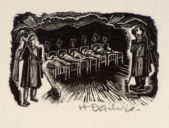 Artist: b'OGILVIE, Helen' | Title: b'(University dormitory room with seven occupied beds, guarded by two men in medieval dress, with spade and rake)' | Date: (1953) | Technique: b'wood-engraving, printed in black ink, from one block' Artist: b'OGILVIE, Helen' | Title: b'(University dormitory room with seven occupied beds, guarded by two men in medieval dress, with spade and rake)' | Date: (1953) | Technique: b'wood-engraving, printed in black ink, from one block'