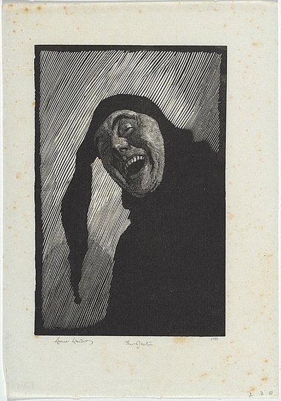 Artist: b'LINDSAY, Lionel' | Title: b'The Jester' | Date: 1923 | Technique: b'wood-engraving, printed in black ink, from one block' | Copyright: b'Courtesy of the National Library of Australia' Artist: b'LINDSAY, Lionel' | Title: b'The Jester' | Date: 1923 | Technique: b'wood-engraving, printed in black ink, from one block' | Copyright: b'Courtesy of the National Library of Australia'