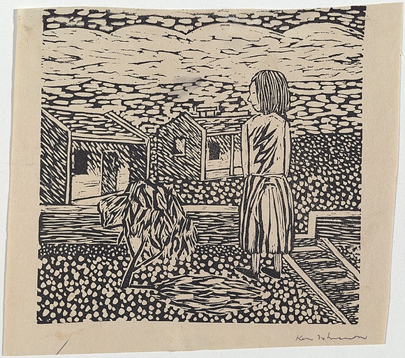 Artist: b'Whisson, Ken.' | Title: b'Girl and houses' | Date: 1952-53 | Technique: b'linocut, printed in black ink, from one block' Artist: b'Whisson, Ken.' | Title: b'Girl and houses' | Date: 1952-53 | Technique: b'linocut, printed in black ink, from one block'