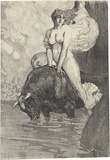 Artist: b'Lindsay, Norman.' | Title: b'Europa riding westward on her bull' | Date: c.1907 | Technique: b'lithograph, printed in black ink, from one stone'